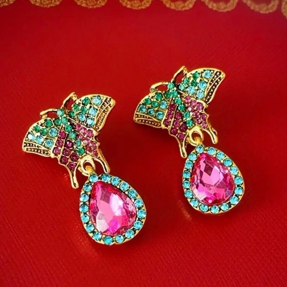 2/$30🌵 Vintage Style Butterfly Moth Teal Pink Rhinestone Earrings Ornate Gift